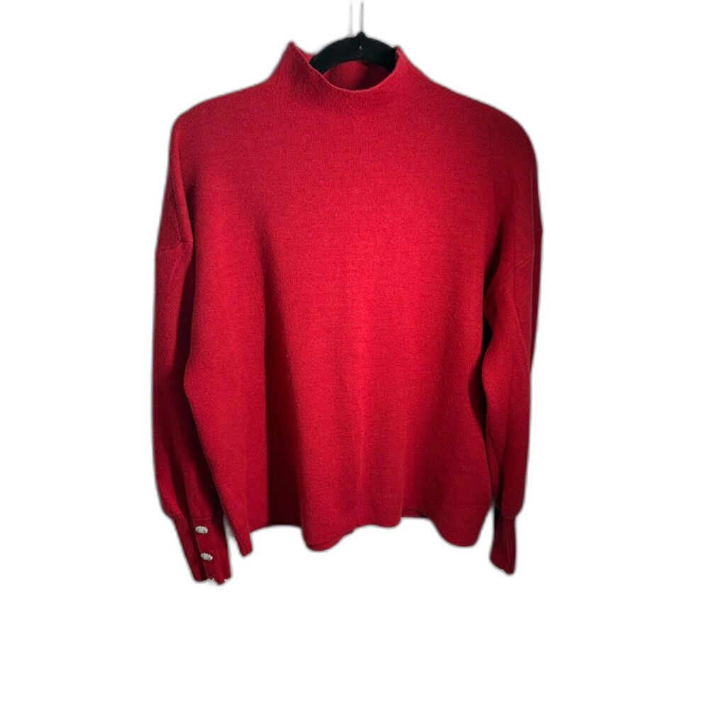 Tahari Red Mock Neck Sweater Women’s XL Pearl Rhinestone Cuff